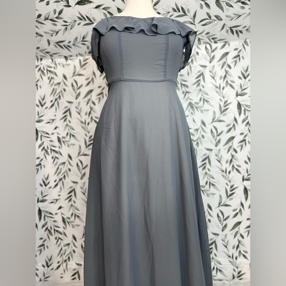 Gray Off-Shoulder Ruffle Formal Gown Maxi Dress Sz 14 L Evening Prom Wedding #4 - Picture 6 of 13